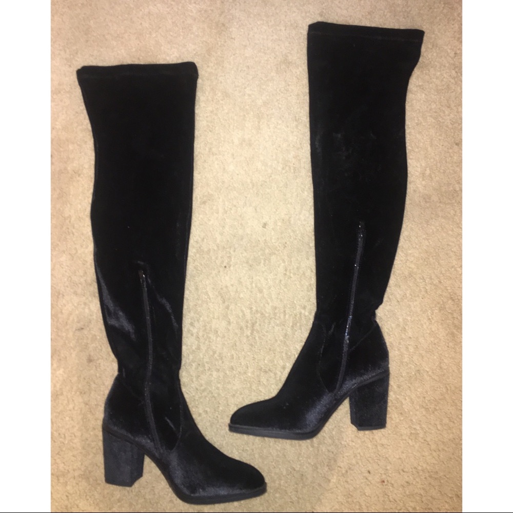 Black Faux Velvet Thigh High Boots